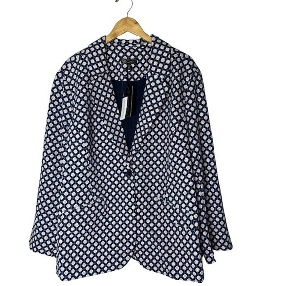 DG2 by Diane Gilman Stretch Crepe Printed Blazer Navy Foulard - Picture 1 of 8